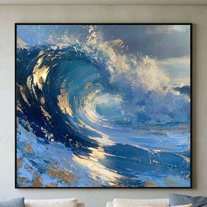 Tableau de vagues océaniques à la feuille d'or, art mural texturé sur le thème côtier, grande toile de paysage marin, décoration luxueuse bleue et or, pièce maîtresse nautique moderne
