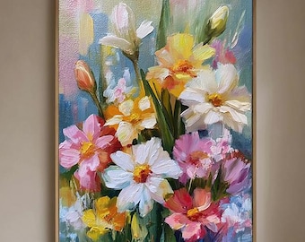 Abstract Floral Oil Painting, Colorful Impasto Bouquet, Textured Palette Knife Artwork, Modern Impressionist Wall Decor, Original Painting