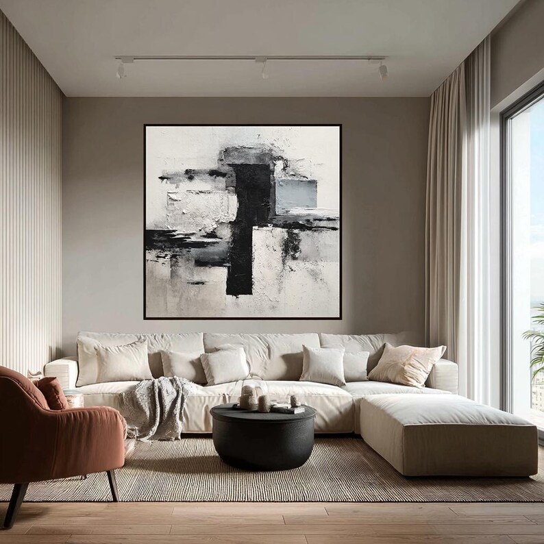 Large Black and White Abstract Oil Painting, Minimalist Textured Wall ...