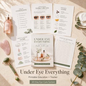 Puede incluir: Un conjunto de guías educativas imprimibles y un rastreador de 30 días titulado Under Eye Everything, con información sobre ojeras, ingredientes y rutinas de cuidado, junto a una herramienta gua sha rosa y un rodillo facial de jade verde.
