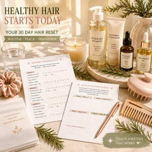 Op de afbeelding: Een haarverzorgingsset met een fles shampoo, tube conditioner, haarserum, haargroeiolie, een maandelijkse voortgangslog, een 30-dagen dagboek, een roze hoofdhuidmassageborstel, een houten kam, een roze scrunchie, een pen en een kaars.