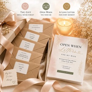 May include: A gift set containing brown envelopes with white labels reading Open When, including phrases like you feel unseen, you need strength, life feels too heavy, and you can't sleep. A card reads Open When Letters For My Wife, 20 Letters Included.