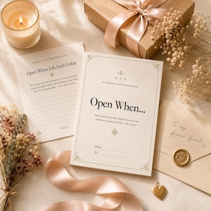 May include: A keepsake letter collection set featuring a booklet titled Open When... with a matching letter sheet titled Open When Life Feels Unfair, a cream envelope with a gold wax seal, a gift box with a satin ribbon, and dried flowers.