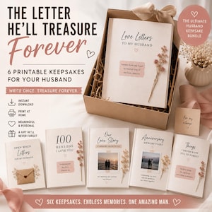 May include: A set of six printable keepsake booklets for a husband, including titles like Love Letters to My Husband, 100 Reasons I Love You, Our Love Story, Anniversary Memory Pages, and Open When Letters, presented in a cardboard gift box.