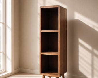 Armario de madera con estantes, armario de almacenamiento de mediados de siglo para espacios pequeños, sala de estar y oficina en casa.