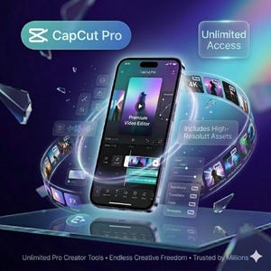 May include: A smartphone displaying the CapCut Pro app interface, showcasing video editing tools and features. The image highlights "Unlimited Access" and "Includes High-Resoluut Assets" with a futuristic, digital design. The app's logo and text are visible.