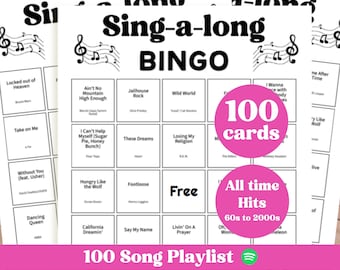 Bingo musical para cantar, lista de reproducción de Spotify, bingo de éxitos musicales para fiestas, 100 tarjetas en PDF