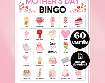 Afdrukbare Moederdagbingokaarten, 60 unieke bingokaarten, Moederdag kinderactiviteit, pdf