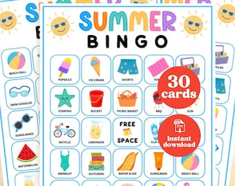 Zomerbingo voor kinderen afdrukbaar, 30 kaarten, afdrukbare zomeractiviteit, vakantiebingospel, pdf-download
