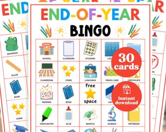 Bingo de fin de curso, juego para el último día de clase, 30 tarjetas, actividad para la fiesta de clase, PDF imprimible