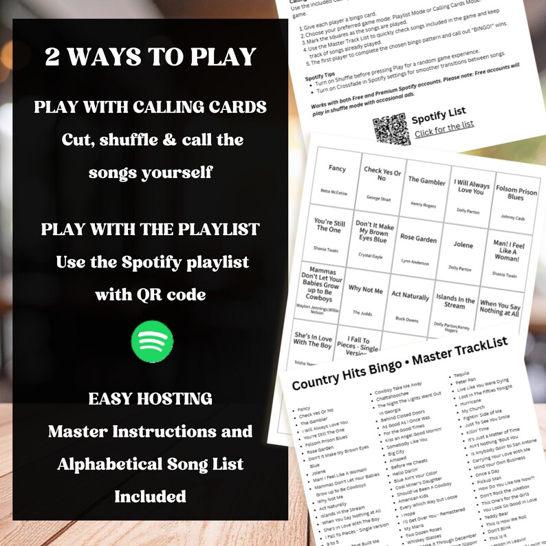 Puede incluir: Una gu&iacute;a del juego Country Hits Bingo con instrucciones. La gu&iacute;a incluye un c&oacute;digo QR de Spotify, una lista de pistas maestra e instrucciones para dos formas de jugar: con tarjetas de llamada o una lista de reproducci&oacute;n. Texto blanco sobre fondo negro.