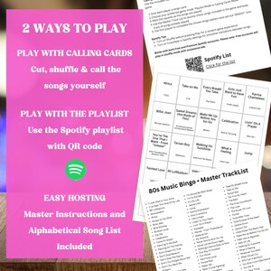 May include: A pink game set with instructions and a Spotify playlist QR code. The text reads "2 Ways to Play" and "80s Music Bingo". Includes a master tracklist and alphabetical song list.