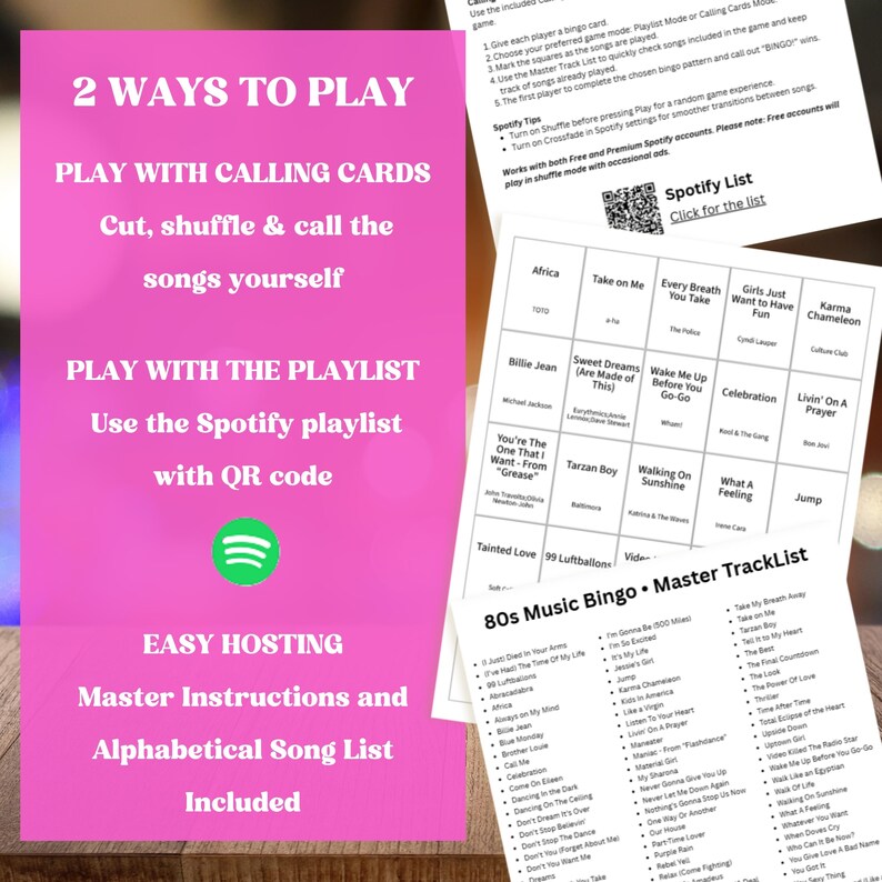 May include: A pink game set with instructions and a Spotify playlist QR code. The text reads "2 Ways to Play" and "80s Music Bingo". Includes a master tracklist and alphabetical song list.