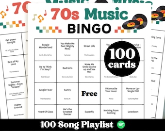 Tarjetas de bingo de música de los 70, lista de reproducción de Spotify con 100 canciones, bingo de música retro, 100 tarjetas en PDF
