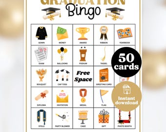 Feestbingo, 50 afstudeerbingokaarten, afstudeerspellen, afdrukbare activiteiten-pdf