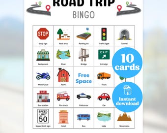 Afdrukbare roadtripbingo, speurtocht familiereizen, roadtripspellen voor kinderen, 10 kaarten, pdf