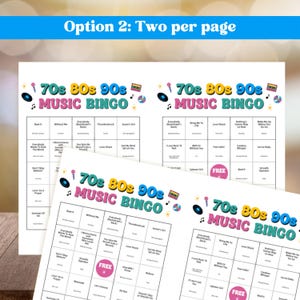 May include: A printable music bingo game sheet featuring the title 70s 80s 90s MUSIC BINGO in colorful text. The grid contains song titles and artist names, decorated with small icons of microphones, vinyl records, and cassette tapes.