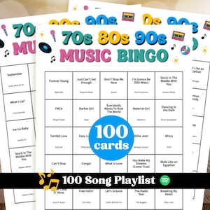 70s 80s 90s Music Bingo Game with Playlist, 100 Unique Cards, PDF Download