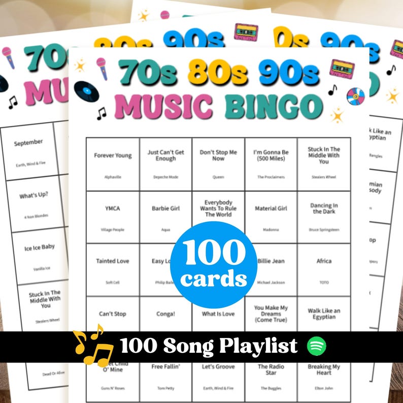 70s 80s 90s Music Bingo Game with Playlist, 100 Unique Cards, PDF Download