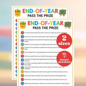 Puede incluir: Dos carteles coloridos de fin de año con el texto "END-OF-YEAR PASS THE PRIZE". Los carteles tienen un lindo gráfico de lápiz y pizarra. Los carteles incluyen una lista de actividades divertidas de fin de año y están disponibles en dos tamaños.