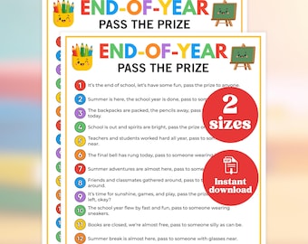 Eindejaarspas The Prize Game, Last Day of School Game, Class Party Fun Activity, afdrukbare pdf