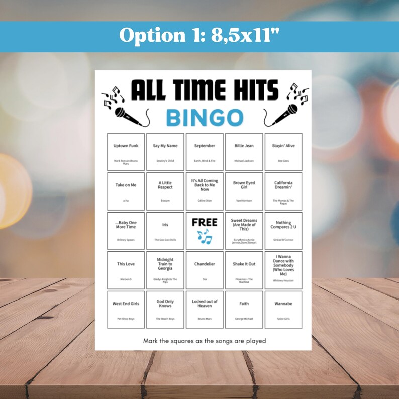 Pode incluir: Um cart&atilde;o de bingo branco com o texto "ALL TIME HITS BINGO" e t&iacute;tulos de m&uacute;sicas. O cart&atilde;o mede 21,6 x 27,9 cm. A parte superior tem uma faixa azul com o texto "Option 1: 8,5x11".