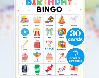 Verjaardagsbingokaarten afdrukbaar, 30 unieke bingobladen, kinderverjaardagsfeestje, pdf-download