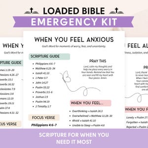 May include: A Loaded Bible Emergency Kit printable card featuring the text When You Feel Anxious, a Scripture Guide with various Bible verses, a Pray This section, and a When You Feel list with corresponding verses, accented by a line-art butterfly.