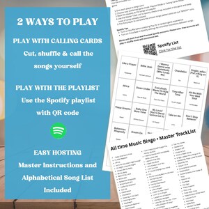 Pode incluir: Um jogo de bingo musical azul-petr&oacute;leo e branco com duas formas de jogar: cart&otilde;es de chamada ou uma lista de reprodu&ccedil;&atilde;o do Spotify com um c&oacute;digo QR. Inclui instru&ccedil;&otilde;es principais e uma lista de m&uacute;sicas alfab&eacute;tica. O logotipo do Spotify &eacute; vis&iacute;vel.