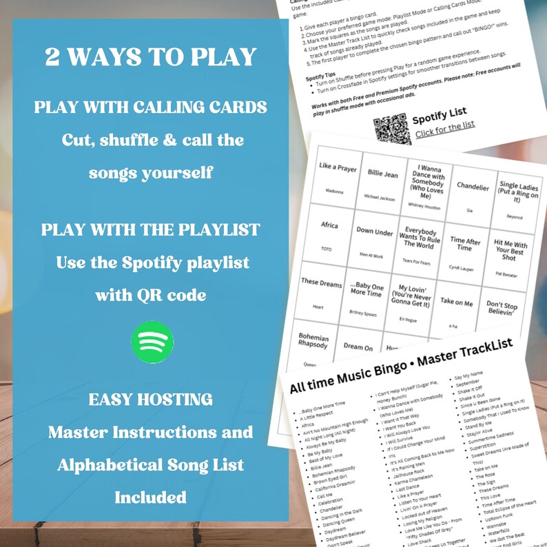 Pode incluir: Um jogo de bingo musical azul-petr&oacute;leo e branco com duas formas de jogar: cart&otilde;es de chamada ou uma lista de reprodu&ccedil;&atilde;o do Spotify com um c&oacute;digo QR. Inclui instru&ccedil;&otilde;es principais e uma lista de m&uacute;sicas alfab&eacute;tica. O logotipo do Spotify &eacute; vis&iacute;vel.
