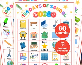 100 dagen schoolbingo, spel einde school, 60 bingokaarten, afdrukbare pdf elementaire bingo