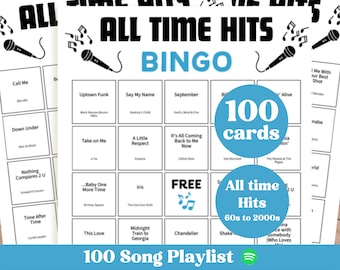 Bingo musical con lista de reproducción, juego de bingo para cantar, éxitos de todos los tiempos, 100 tarjetas en PDF.