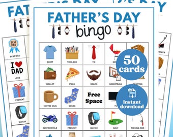 Afdrukbaar vaderdagbingospel, 50 unieke bingokaarten, Vaderdag-kinderactiviteit, pdf