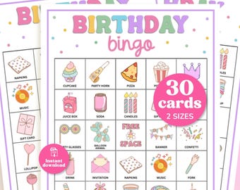Verjaardagsbingo meisjes Afdrukbaar, roze feestbingo, 30 unieke kaarten, grappige kinderactiviteit, pdf-download