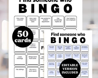 Zoek iemand die bingo, teambuildingspel, kantoorbingo, 50 kaarten, bewerkbare pdf