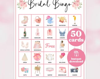 Bingo vrijgezellenfeest, 50 bingokaarten, afdrukbaar bruidsspel, pdf-download