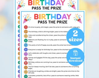 Geef het cadeau-verjaardagsspel door, afdrukbaar Geef de prijs door, activiteit kinderfeestje, pdf-download