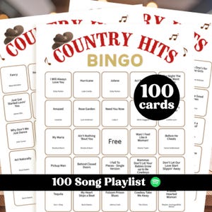 Country Music Bingo Cards, 100 Song Spotify Playlist, Country Hits game, 100 Cards PDF