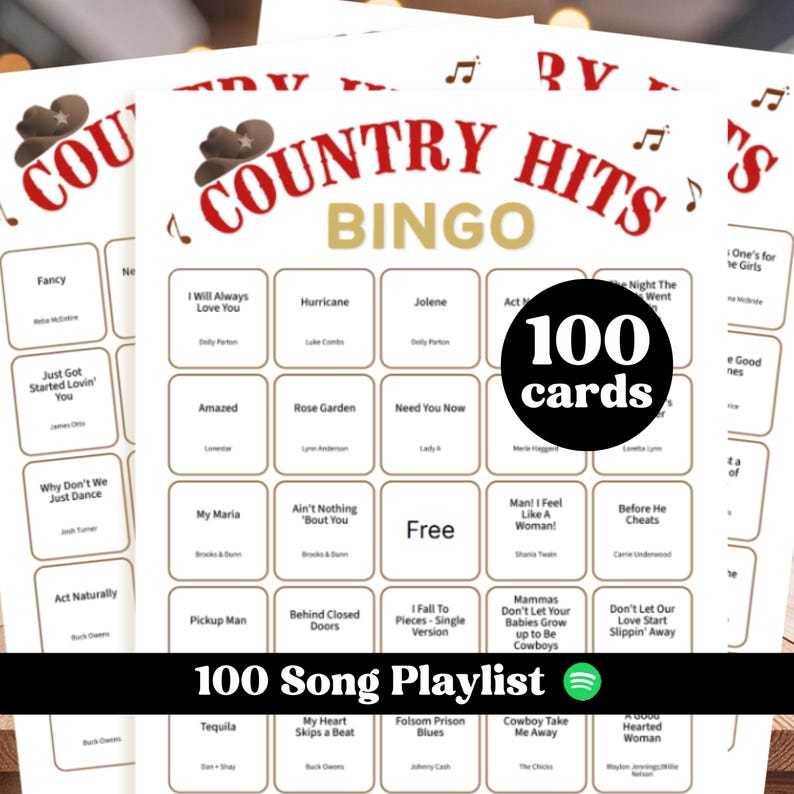 Country Music Bingo Cards, 100 Song Spotify Playlist, Country Hits game, 100 Cards PDF