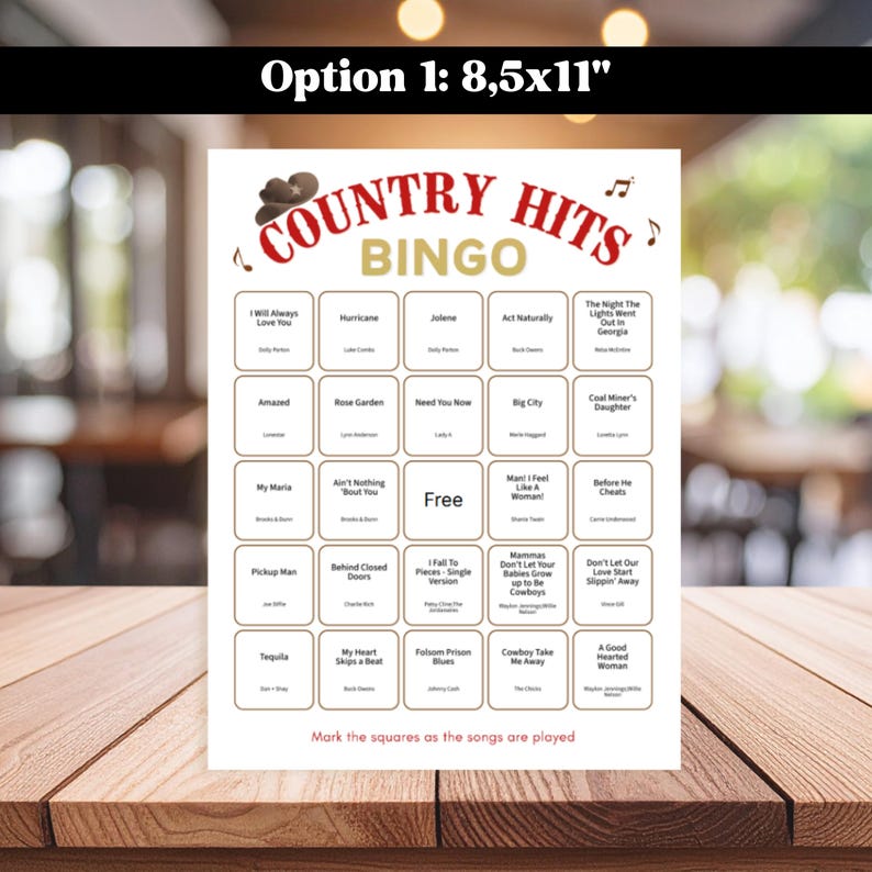 Puede incluir: Una tarjeta de juego de bingo Country Hits, de 21,6 x 27,9 cm, con un gr&aacute;fico de sombrero de vaquero. La tarjeta presenta t&iacute;tulos de canciones como "Jolene" y "Hurricane" en formato de cuadr&iacute;cula. El texto "Mark the squares as the songs are played" est&aacute; en la parte inferior.