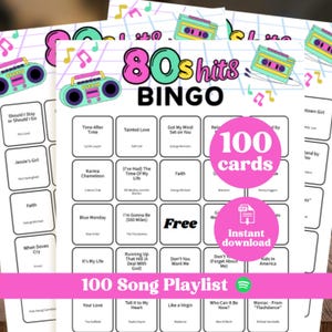 80s Music Bingo, Spotify Song Playlist, 80s Singo Party Game, 100 Bingo Cards, Printable PDF
