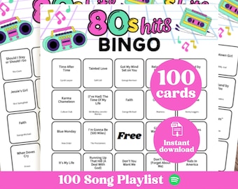 80s Music Bingo, Spotify Song Playlist, 80s Singo Party Game, 100 Bingo Cards, Printable PDF