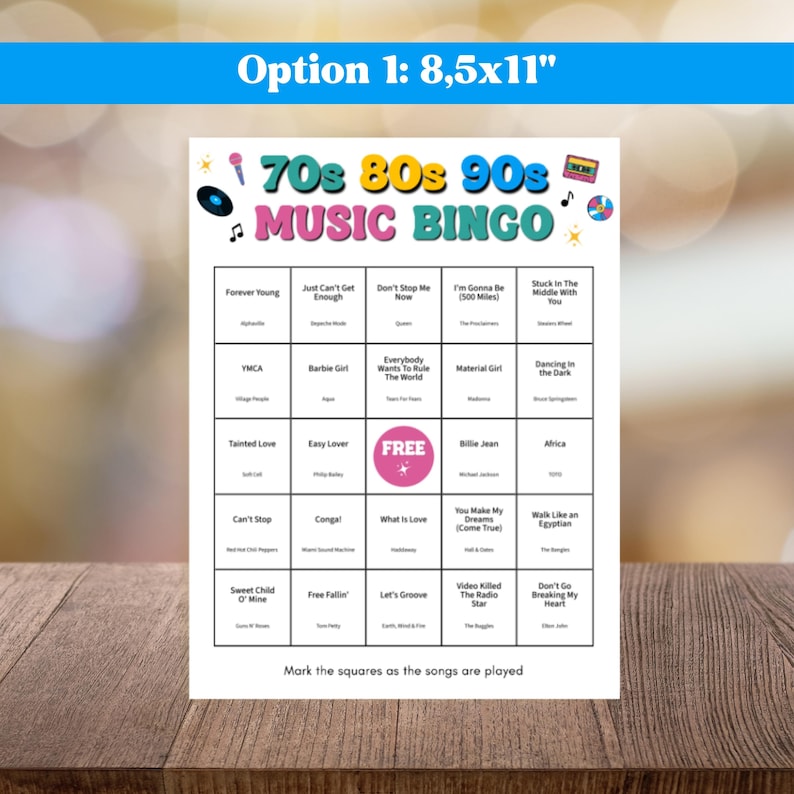 May include: A 8.5x11 inch 70s 80s 90s Music Bingo game card featuring a grid of song titles and artist names. The header displays colorful text and musical icons like a microphone, vinyl record, and cassette tape. A pink free space is in the center.