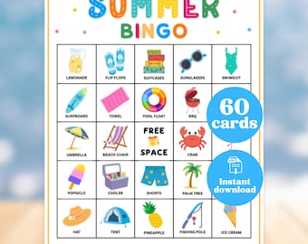 Zomerbingo, 60 bingokaarten, afdrukbare zomeractiviteit, zomerspel voor kinderen, pdf-download