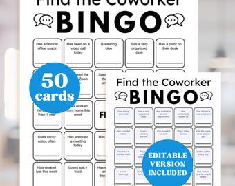 Zoek de collega-bingo, teamactiviteit kantoor, werkbingo, 50 kaarten, bewerkbare pdf