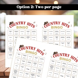 Puede incluir: Hojas de papel blancas con "COUNTRY HITS BINGO" impreso en rojo y marr&oacute;n. Cada hoja tiene una cuadr&iacute;cula de t&iacute;tulos de canciones, con un gr&aacute;fico de sombrero de vaquero. El texto "Option 2: Two per page" est&aacute; en la parte superior.