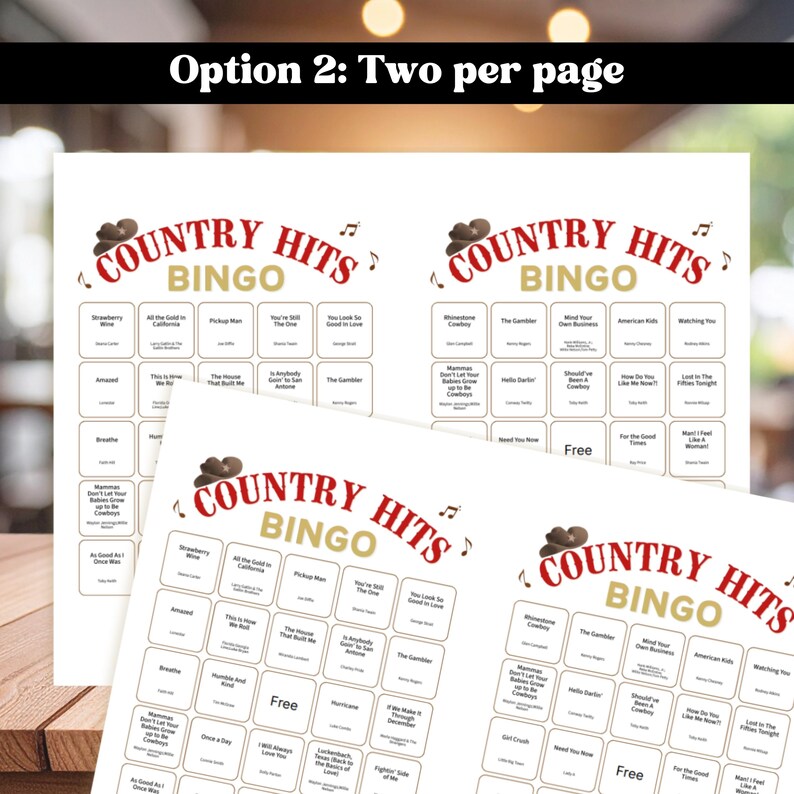 Puede incluir: Hojas de papel blancas con "COUNTRY HITS BINGO" impreso en rojo y marr&oacute;n. Cada hoja tiene una cuadr&iacute;cula de t&iacute;tulos de canciones, con un gr&aacute;fico de sombrero de vaquero. El texto "Option 2: Two per page" est&aacute; en la parte superior.
