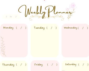 Weekly Planner with Notes and Dates section - Pink, Gold, Cream Yellow, Floral