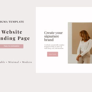 May include: A website landing page template with the text "FIGMA TEMPLATE Website Landing Page" and "Easy to customize". The design includes the text "Create your signature brand" and "Editable Minimal Modern". A person is standing near a beige wall.