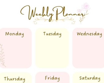 Weekly Planner with Notes Section. Pink, Gold, Cream Yellow Floral Rose